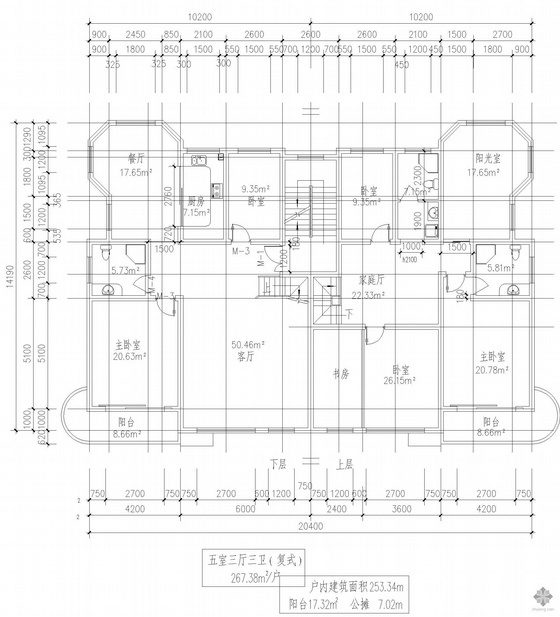 一梯三户二室标准层资料下载-复式一梯二户五室三厅三卫户型图(267)