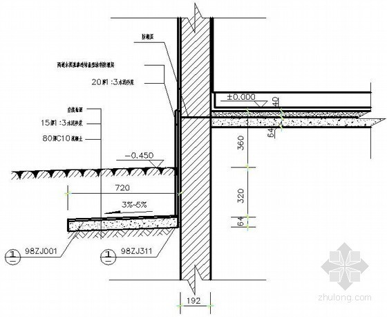室外地面CAD资料下载-下沉式散水详图（室外墙体与室外自然地面接触部）