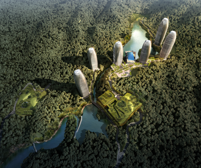 [浙江]山水型综合性生态高端养老度假园景观设计方案-景观鸟瞰效果图