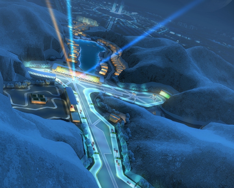 赛道3d模型资料下载-夜色山间建筑3D模型下载