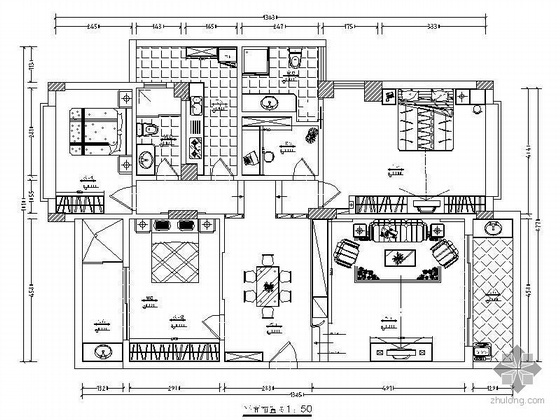 矮柜立面cad资料下载-三居室设计方案图