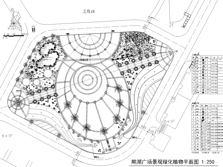 圆形广场平面cad资料下载-熊湖广场绿化植物定位放线图和总平面广场材质CAD施工图