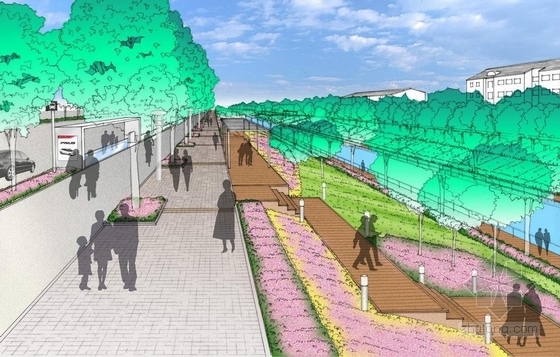 [江苏]工业园区道路景观绿化设计方案-工业园区道路景观绿化局部透视图
