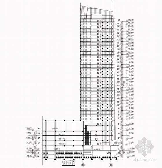 [成都]现代风格超高层甲级塔楼式办公楼建筑设计方案文本-现代风格超高层甲级塔楼式办公楼建筑剖面图