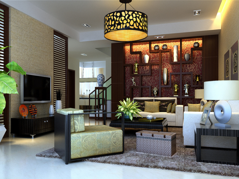 客厅沙发中式资料下载-现代中式客厅3D模型下载