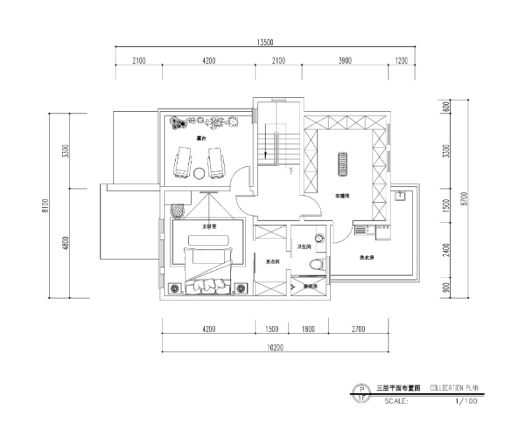 [福建]欧式风格罗生住宅室内设计施工图-三层平面布置图