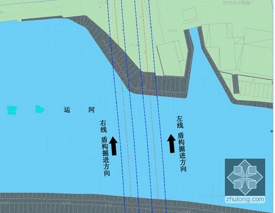 [浙江]粉土粘土区土压平衡盾构地铁区间及冻结法联络通道施工组织设计A3版135页-隧道下穿运河平面示意图