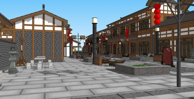 中式建筑商业街模型资料下载-商业街中式建筑su模型