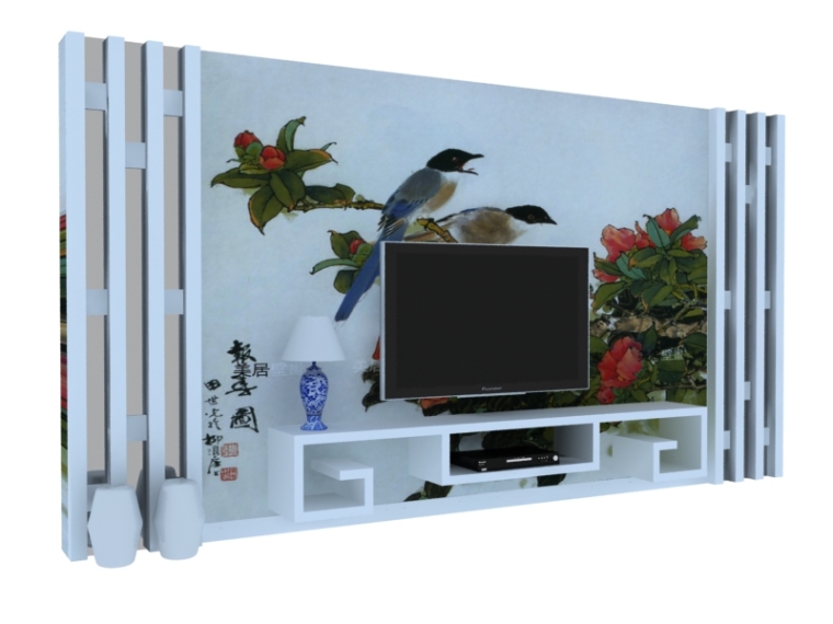 简约装修电视背景墙资料下载-简约中式背景墙3D模型下载