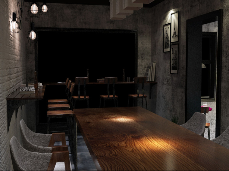 酒柜带吧台效果图资料下载-LOFT工业风格餐厅3D模型（附效果图）