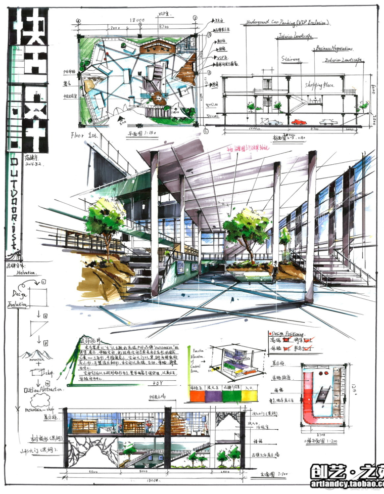 室内设计快题资料下载-[室内快题设计]户外品牌展示空间、家居卖场高清手绘图