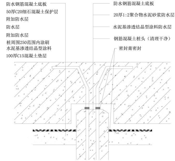 [天津]双子塔项目地下室防水施工方案（底板、外墙、顶板）-桩头防水构造