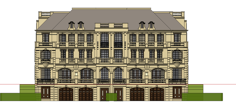 法式古典府邸联排建筑SU模型-法式别墅四拼联排建筑SU模型二