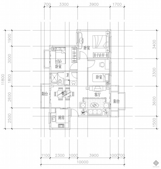 24层三室户型资料下载-板式多层单户三室二厅一卫户型图(85)
