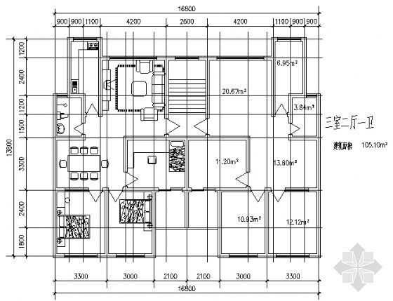 105平米平面图资料下载-三室二厅一卫1(105.10平方米)