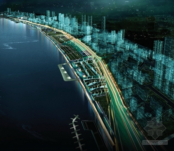 [上海]城市要塞滨江沿岸控制性规划设计方案-鸟瞰效果图夜景