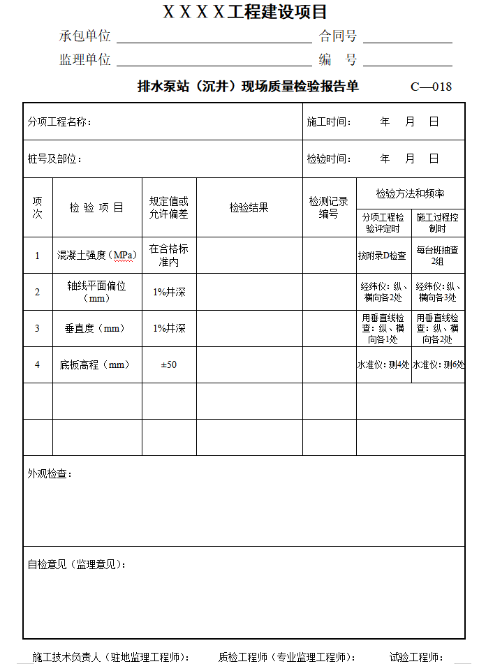 公路工程监理实用表格(质量检验，384页)-排水泵站（沉井）现场质量检验报告单