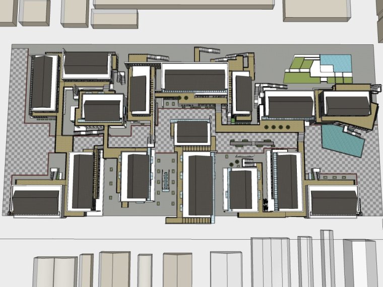 新中式风格三层商业建筑资料下载-新中式风格，三层\新中式风格，旧厂房改造商业街街道模型.skp