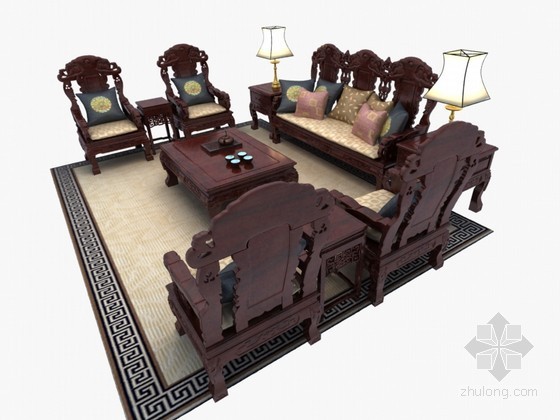 室外中式沙发su模型资料下载-大气中式沙发3D模型下载