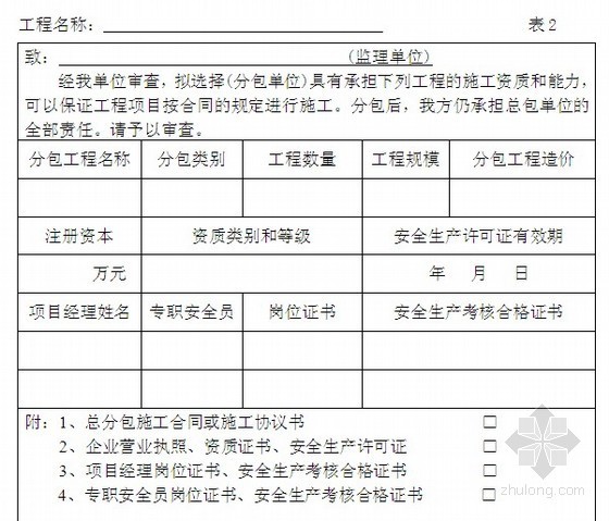 [湖北]框排架结构联合工房安全监理方案（附表格）-分包单位审查资质表 