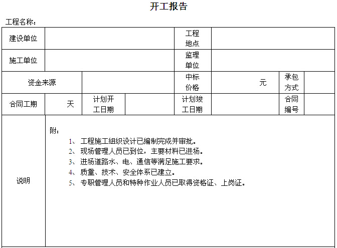 [山东]地质灾害治理工程施工与监理质量验收表（338页，表格丰富）-开工报告