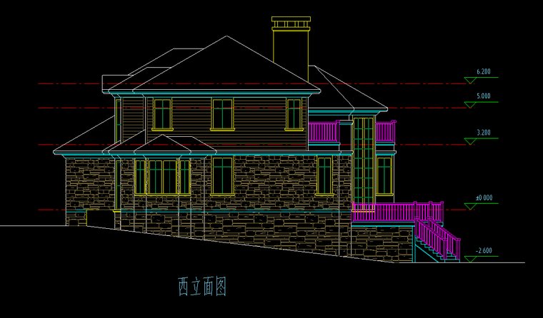 3层独栋别墅建筑方案设计（CAD）-西立面图