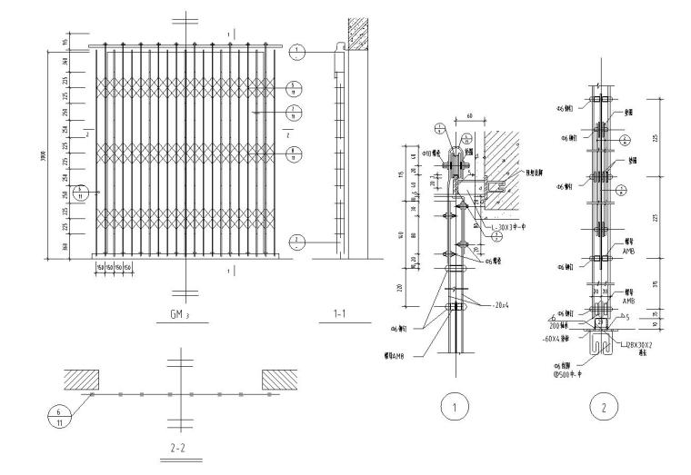 33个铁栅门节点构造详图——建筑详图-GM1铁栅门（五片）及节点祥图