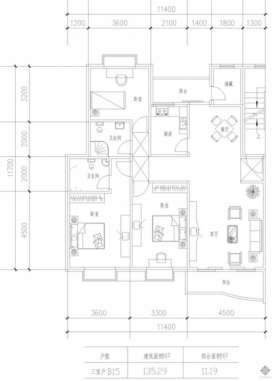 多层一梯两户三室资料下载-板式多层一梯两户三室一厅二卫户型图(135/135)