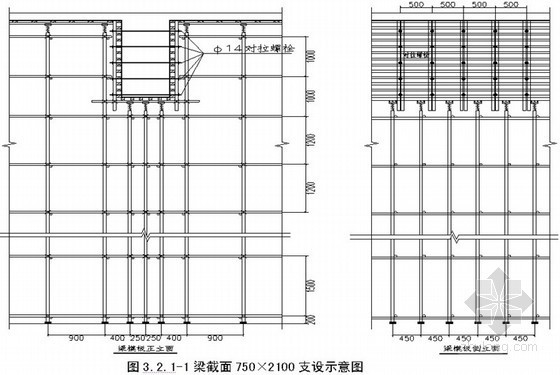 [山东]大型体育馆高大模板施工方案-梁截面750×2100支设示意图 