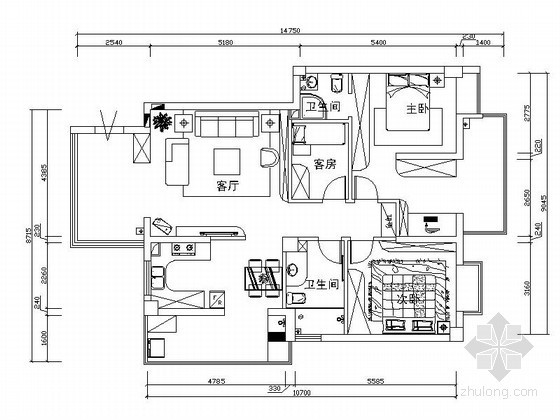 三居室顶棚平面图资料下载-住宅三居室平面布置图