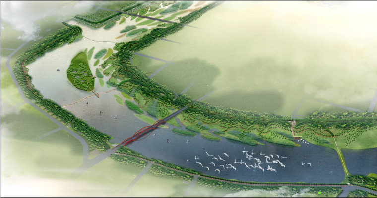 [河北]滦河城段景观方案工程设计（北京知名景观公司）-整体鸟瞰图（夏雨初晴）