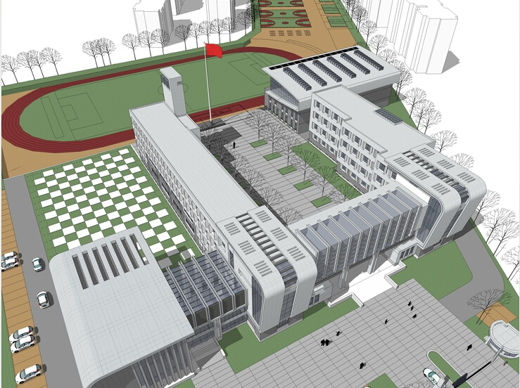 温泉酒店接待楼模型资料下载-现代小学教学楼建筑规划方案sketchup模型