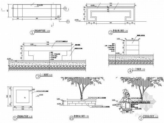 [浙江]花园居住区景观工程全套施工图（北区）-景观坐凳及景观树池详图 