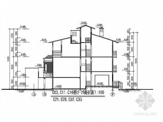 三层联排别墅建筑方案设计图纸-三层联排别墅剖面图 