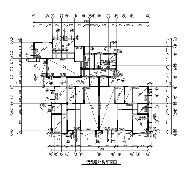 18层含地下室剪力墙结构住宅楼结构施工图（CAD、30张）-偶数层结构平面图