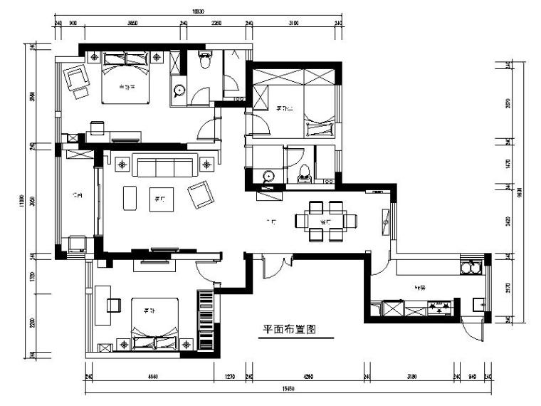 四室两厅单元平面图资料下载-[常熟]现代奢华三室两厅公寓设计施工图（含效果图）