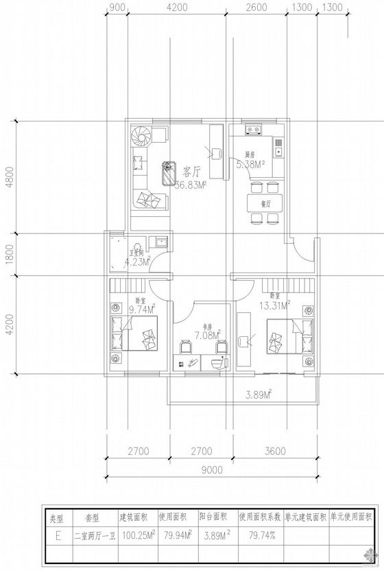 100平米单户模型资料下载-板式多层单户二室二厅一卫户型图(100)