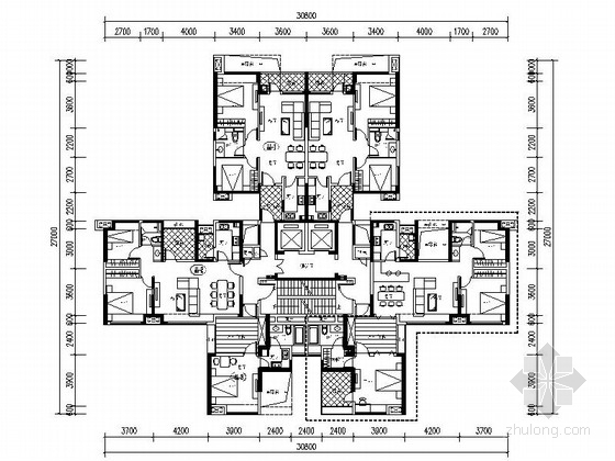 四房一厅图纸资料下载-[万科户型]一核六户高层住宅户型平面图（404平方米）