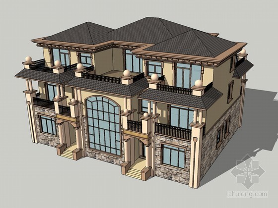欧式别墅建筑模型资料下载-欧式豪华别墅SketchUp模型下载