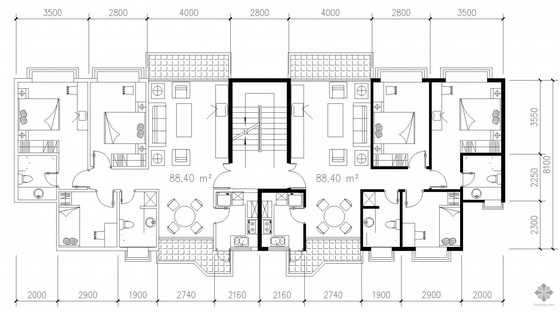 Y型高层住宅户型图资料下载-板式多层一梯二户直线型户型图(88/88)