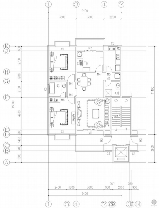 70平米两室一厅两卫资料下载-二室一厅一卫单户户型平面图(118)