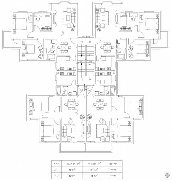 85平米住宅户型图资料下载-板式多层一梯二户户型图(95/85)