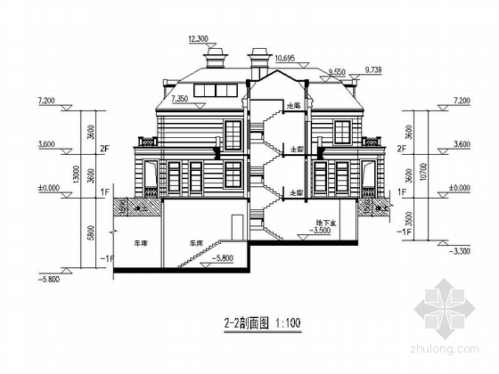 [上海]欧式风格2层会所别墅建筑设计施工图-欧式风格2层会所别墅剖面图