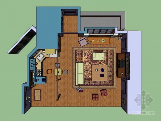 客厅餐厅整体空间sketchup模型下载- 