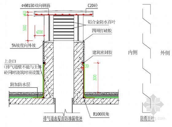 [上海]建筑工程施工防渗漏及防开裂施工工法（附节点大样图）-排气道出屋面防渗漏做法 