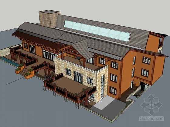 栏杆sketchup模型资料下载-木制会所建筑SketchUp模型下载