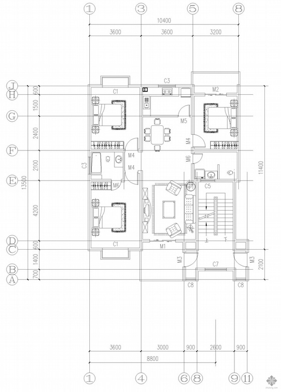 三室两卫一厅装修资料下载-板式多层一梯两户三室一厅二卫户型图(119/119)