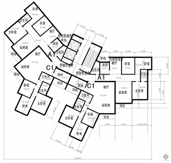 大平层公寓户型图资料下载-塔式高层一梯四户公寓建筑户型图(121/114/154/147)