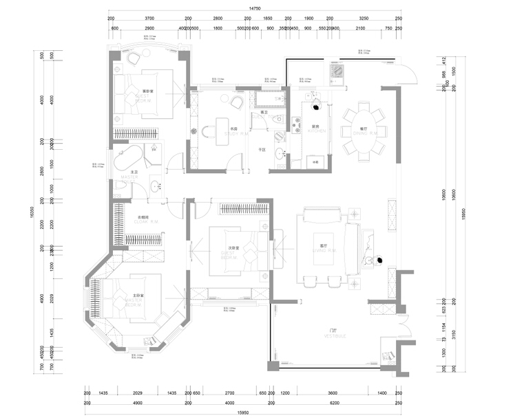 平面图面积图及效果图资料下载-素白—张家港君临新城200㎡住宅设计施工图及效果图