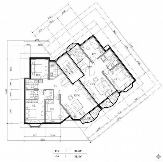 四层住宅一梯两户户型图资料下载-塔式高层一梯两户户型图(92/118)